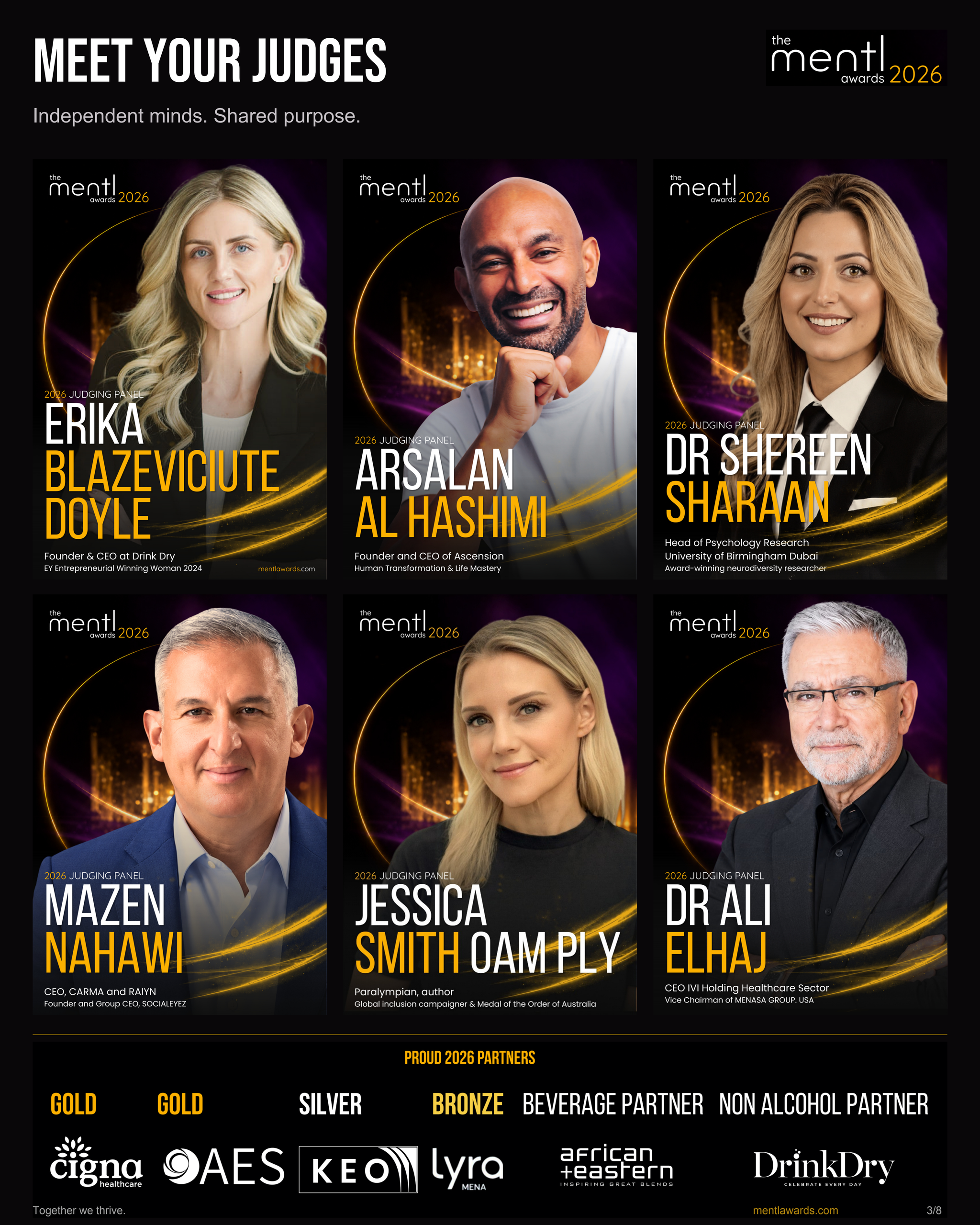 mentl awards 2026 judging panel, slide 3 of 8: Erika Blazeviciute Doyle, Arsalan Al Hashimi, Dr Shereen Sharaan, Mazen Nahawi, Jessica Smith and Dr Ali Elhaj.