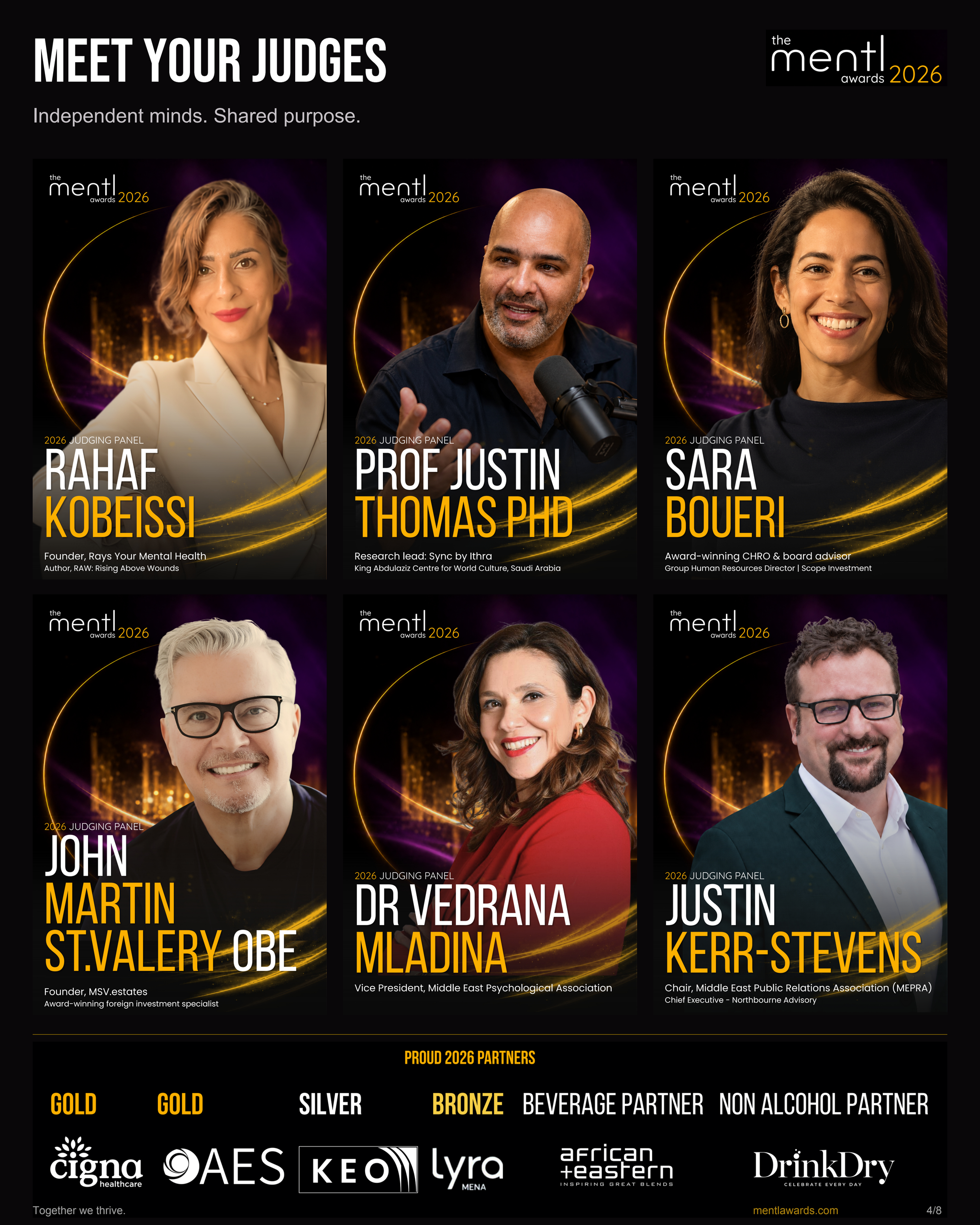 mentl awards 2026 judging panel, slide 4 of 8: Rahaf Kobeissi, Prof Justin Thomas, Sara Boueri, John Martin St Valery, Dr Vedrana Mladina and Justin Kerr-Stevens.