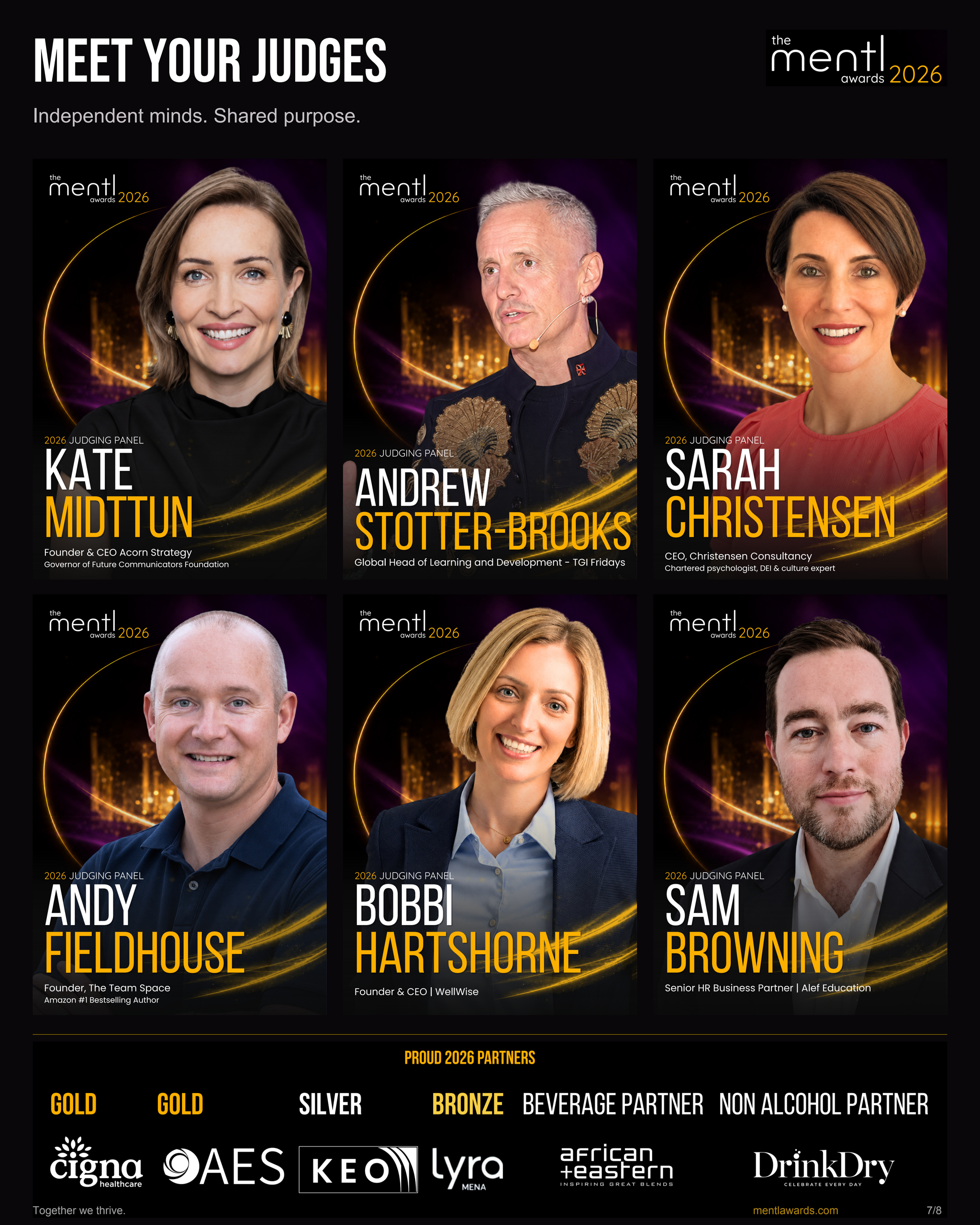 mentl awards 2026 judging panel, slide 7 of 8: Kate Midttun, Andrew Stotter-Brooks, Sarah Christensen, Andy Fieldhouse, Bobbi Hartshorne and Sam Browning.