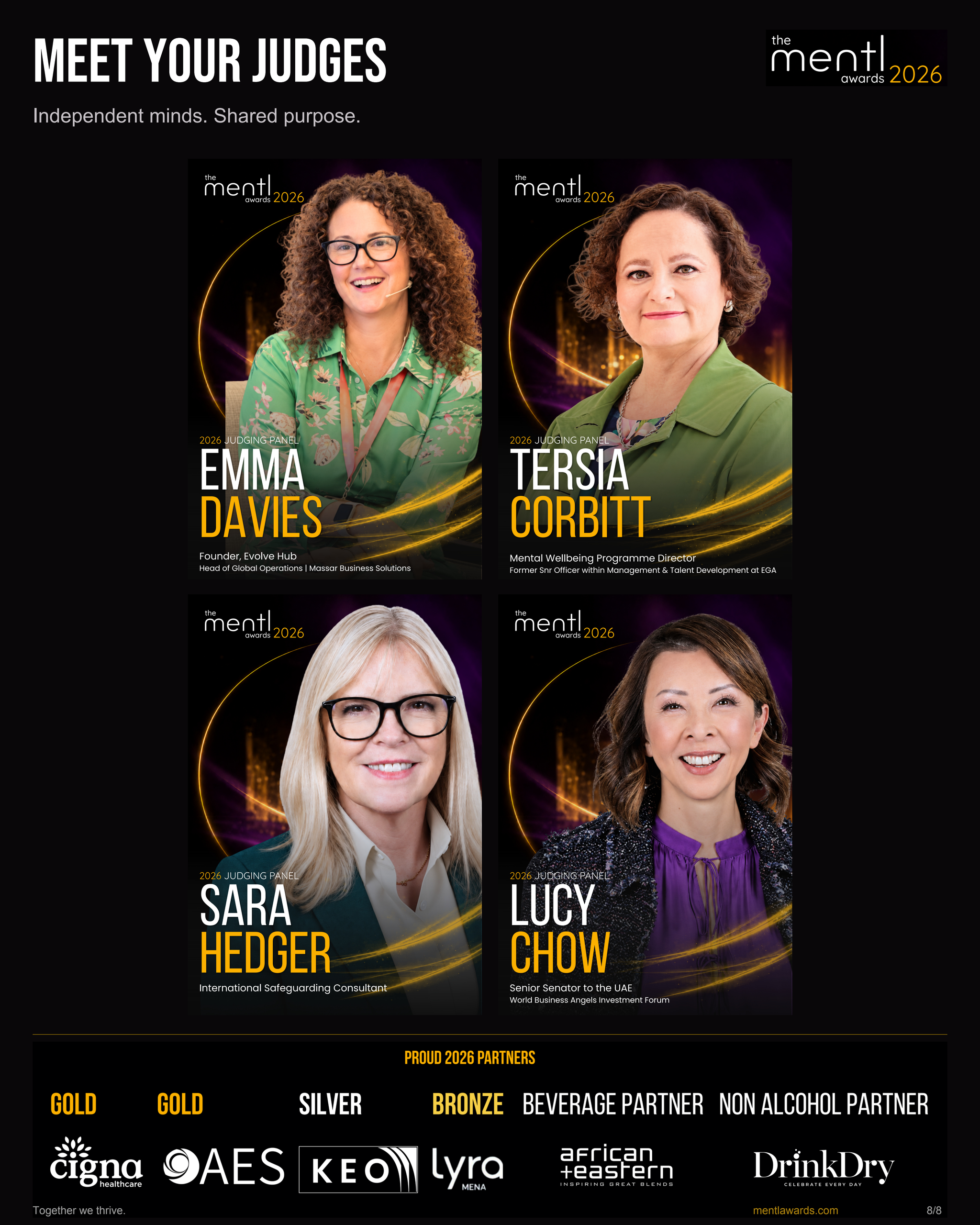 mentl awards 2026 judging panel, slide 8 of 8: Emma Davies, Tersia Corbitt, Sara Hedger and Lucy Chow.